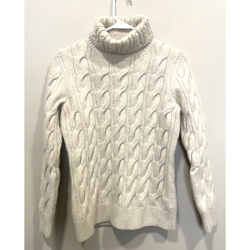 L.L. BEAN Wool Blend Turtleneck Sweater Ivory Cableknit Women's Sz Small